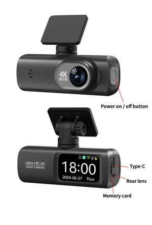 Planet Gates UHD 4K Dash Cam Dual Lens Driving Recorder Car DVR 1080P Rear Lens Camera Built-In WiFi GPS 24-Hour Parking Monitoring Black Box