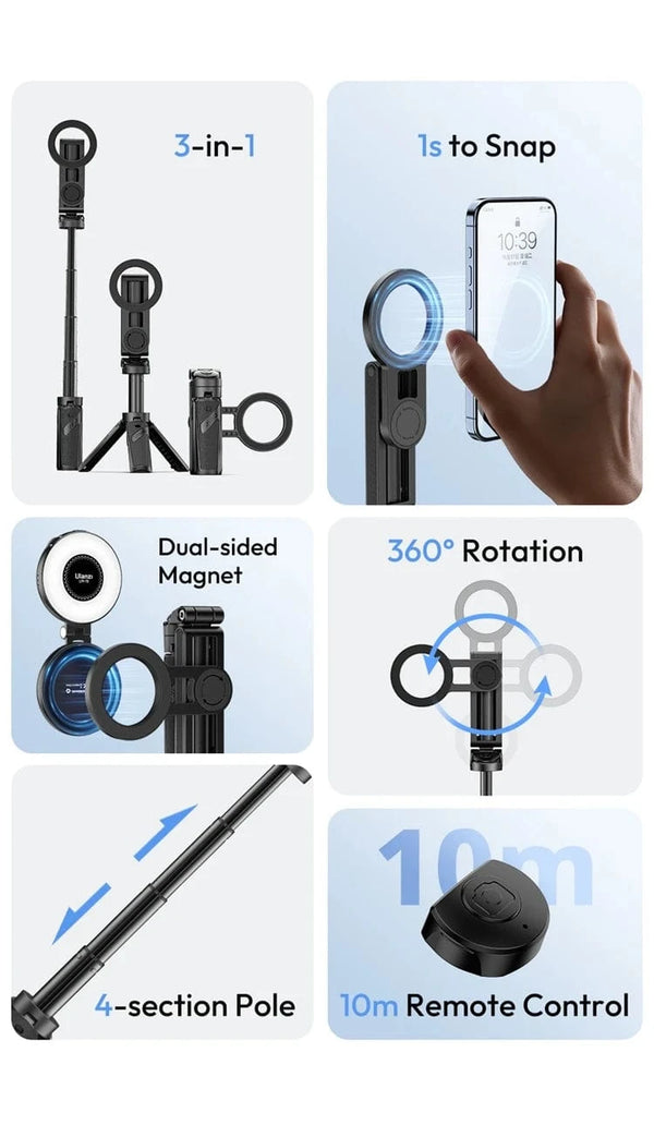 Planet Gates Ulanzi JJ03 Magnetic Selfie Stick Phone Tripod For iPhone 16 15 14 13 12 Pro Max Magsafe Smartphone Wireless Grip Desktop Stand
