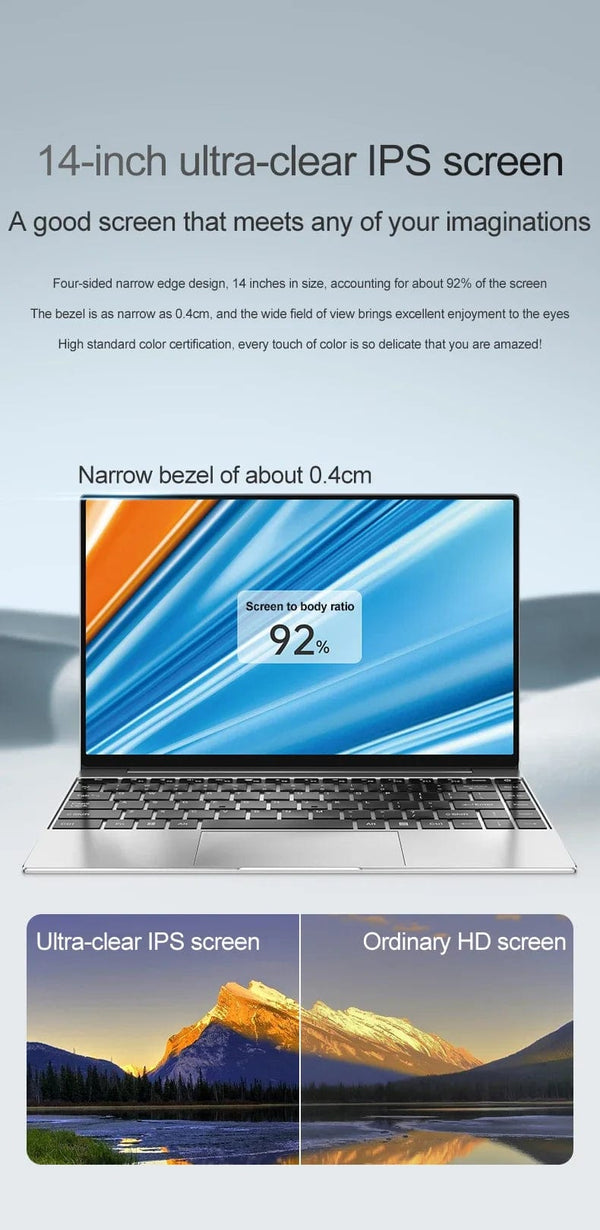 Planet Gates Ultra Slim Laptop 14.1" 16GB RAM 2TB SSD Intel N3700 Notebook Gamer  1920*1080  Display Office Study Computer PC Windows 11 Pro
