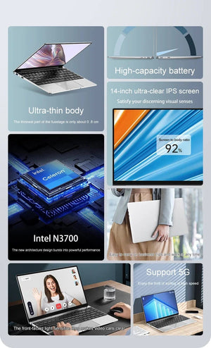 Planet Gates Ultra Slim Laptop 14.1" 16GB RAM 2TB SSD Intel N3700 Notebook Gamer  1920*1080  Display Office Study Computer PC Windows 11 Pro