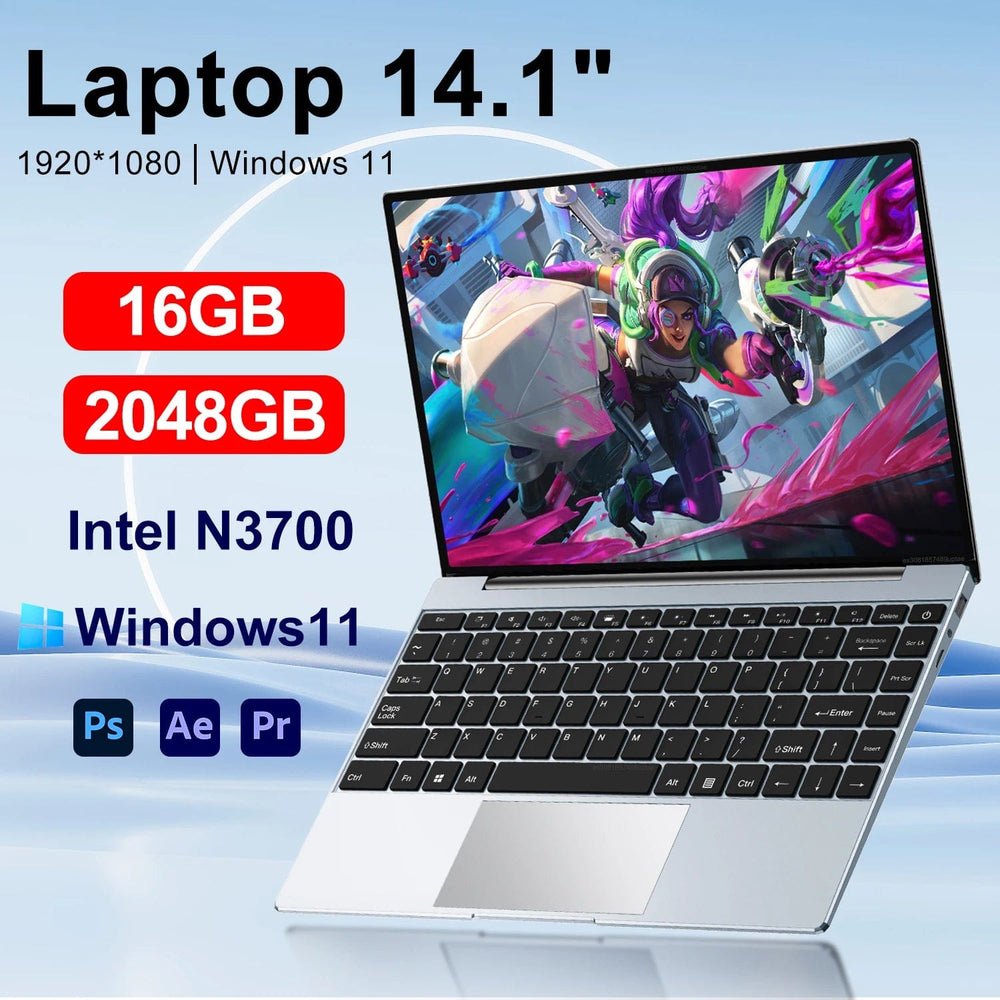 Planet Gates Ultra Slim Laptop 14.1" 16GB RAM 2TB SSD Intel N3700 Notebook Gamer  1920*1080  Display Office Study Computer PC Windows 11 Pro