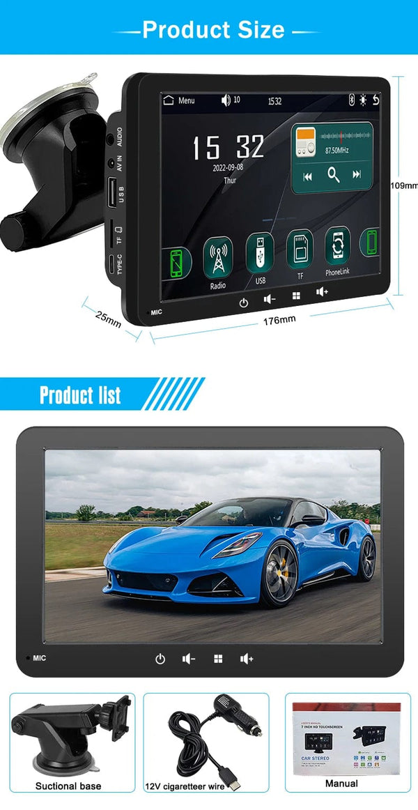 Planet Gates Universal 7 Inch Car Radio Multimedia Video Player Wireless Carplay Android Auto Touch Screen Bluetooth Car Intelligent Systems