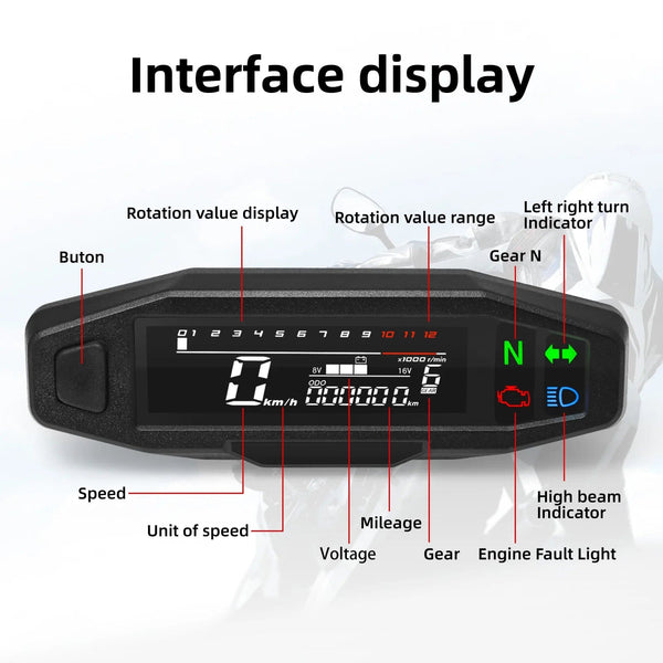 Planet Gates Universal Motorcycle Meter Speedometer LED Digital Dashboard 12000RPM Gauge Tachometer Panel Motor Odometer Display Y Bracket