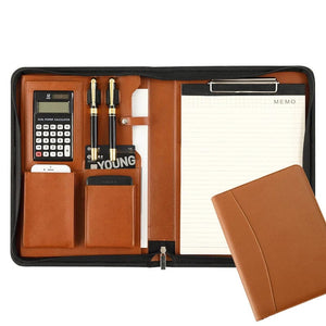 Planet Gates University A4 Leather Portfolio Folder for Document Holder Desk Organizer Man Executive Briefcase Zippered Calculator for Office