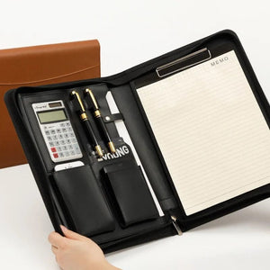 Planet Gates University A4 Leather Portfolio Folder for Document Holder Desk Organizer Man Executive Briefcase Zippered Calculator for Office