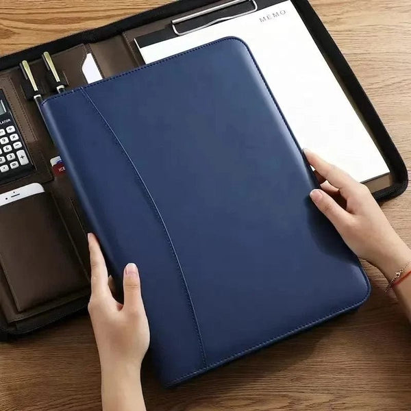 Planet Gates University A4 Leather Portfolio Folder for Document Holder Desk Organizer Man Executive Briefcase Zippered Calculator for Office