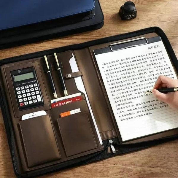 Planet Gates University A4 Leather Portfolio Folder for Document Holder Desk Organizer Man Executive Briefcase Zippered Calculator for Office