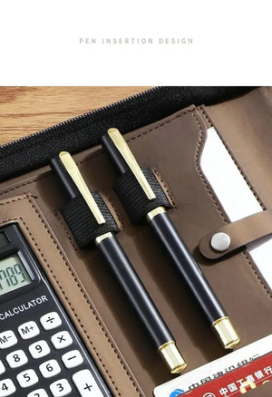 Planet Gates University A4 Leather Portfolio Folder for Document Holder Desk Organizer Man Executive Briefcase Zippered Calculator for Office