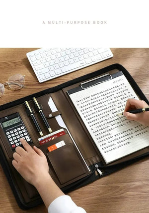 Planet Gates University A4 Leather Portfolio Folder for Document Holder Desk Organizer Man Executive Briefcase Zippered Calculator for Office