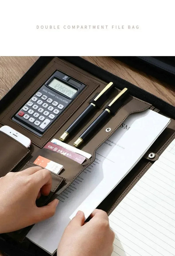 Planet Gates University A4 Leather Portfolio Folder for Document Holder Desk Organizer Man Executive Briefcase Zippered Calculator for Office