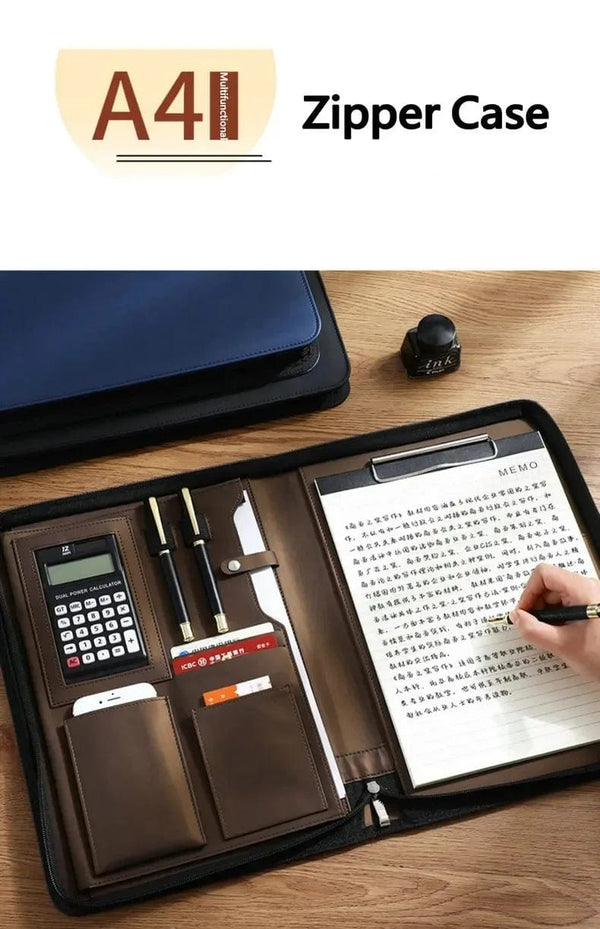 Planet Gates University A4 Leather Portfolio Folder for Document Holder Desk Organizer Man Executive Briefcase Zippered Calculator for Office