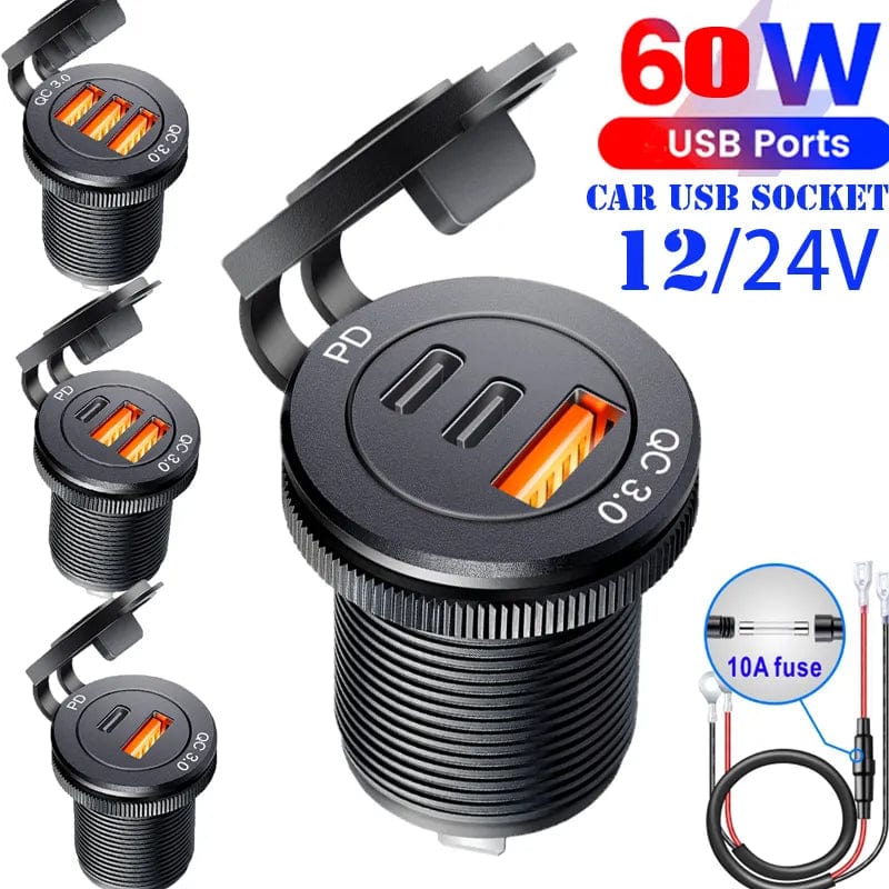Planet Gates Usb socket in the car Quick Charge  PD 3.0  Car Charger 60W  Outlet Socket For 12V 24V Motorcycle Boat Marine Truck ATV