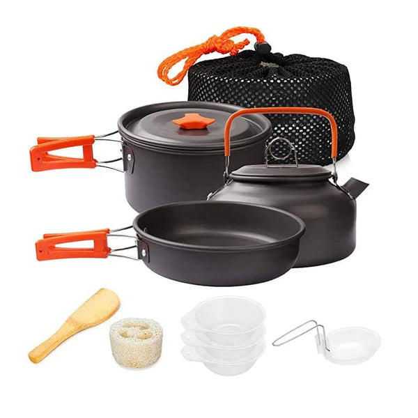 Planet Gates Used by 2-3 people 1 Aluminum Outdoor Camping Cookware Set with Mesh Bag Folding Cookset Camping Kitchen Cooking Teapot and Pans Equipment
