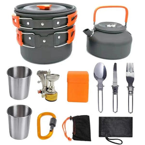 Planet Gates Used by 2-3 people Aluminum Outdoor Camping Cookware Set with Mesh Bag Folding Cookset Camping Kitchen Cooking Teapot and Pans Equipment