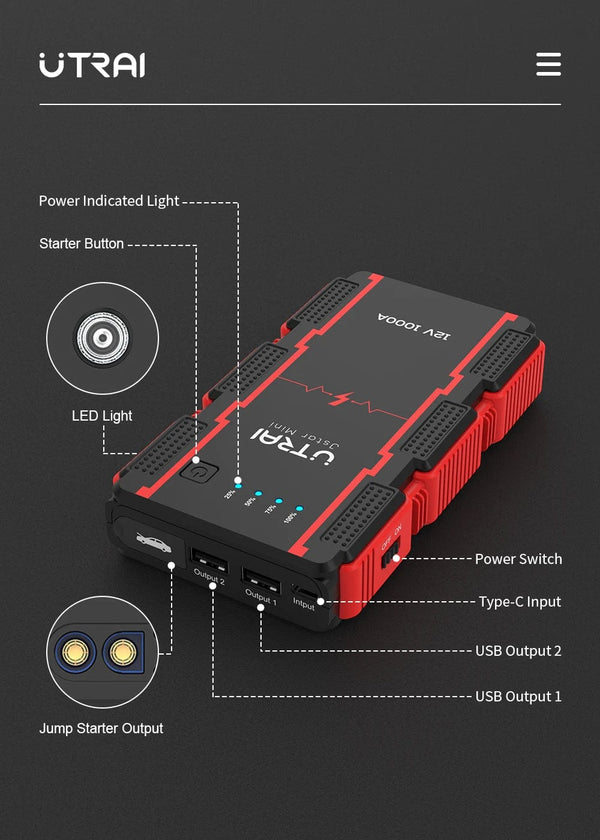Planet Gates UTRAI 1000A Jump Starter Power Bank Starting Device Portable Emergency Booster for 12V Vehicles Small Trucks