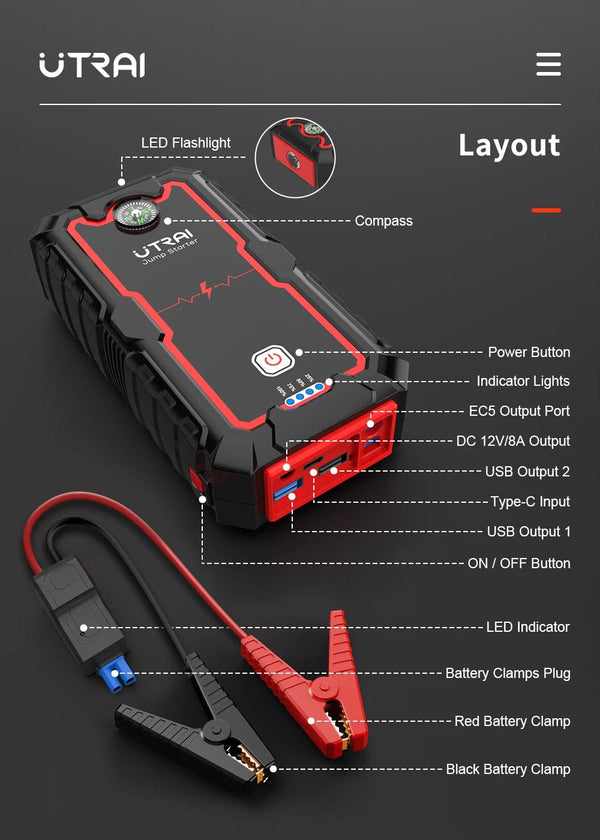 Planet Gates UTRAI 2000A Jump Starter Power Bank Portable Charger Starting Device For 8.0L/6.0L Emergency Car Battery Jump Starter