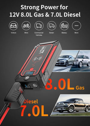 Planet Gates UTRAI 2500A Jump Starter Power Bank Battery Portable Charger 10W Wireless Charging LCD Screen Safety Hammer Car Starting Device