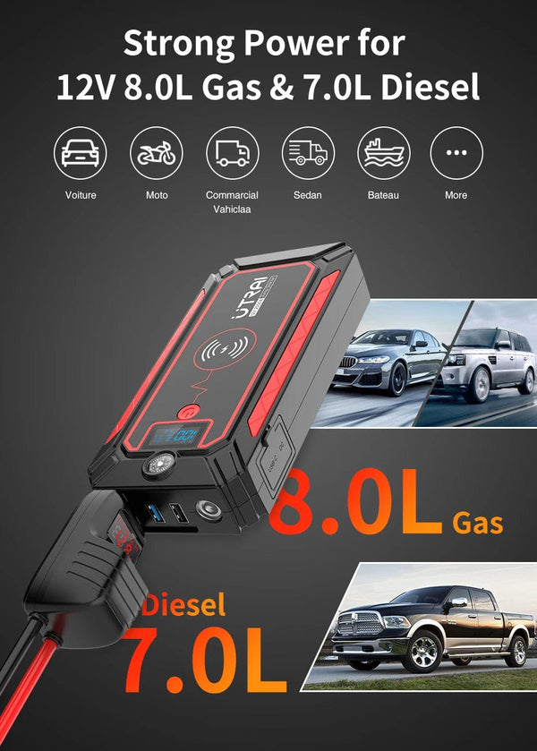 Planet Gates UTRAI 2500A Jump Starter Power Bank Battery Portable Charger 10W Wireless Charging LCD Screen Safety Hammer Car Starting Device