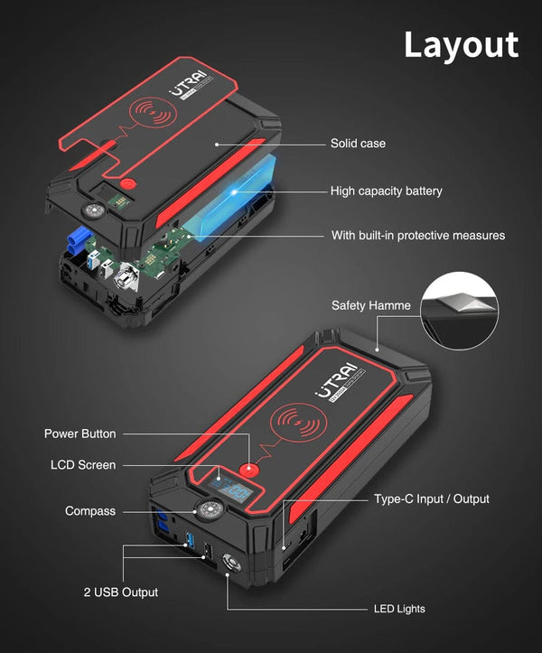 Planet Gates UTRAI 2500A Jump Starter Power Bank Battery Portable Charger 10W Wireless Charging LCD Screen Safety Hammer Car Starting Device