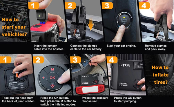 Planet Gates UTRAI 4 In 1 2000A Jump Starter Power Bank 16000mAh 150PSI Air Compressor Tire Pump Portable Charger Car Booster Starting Device