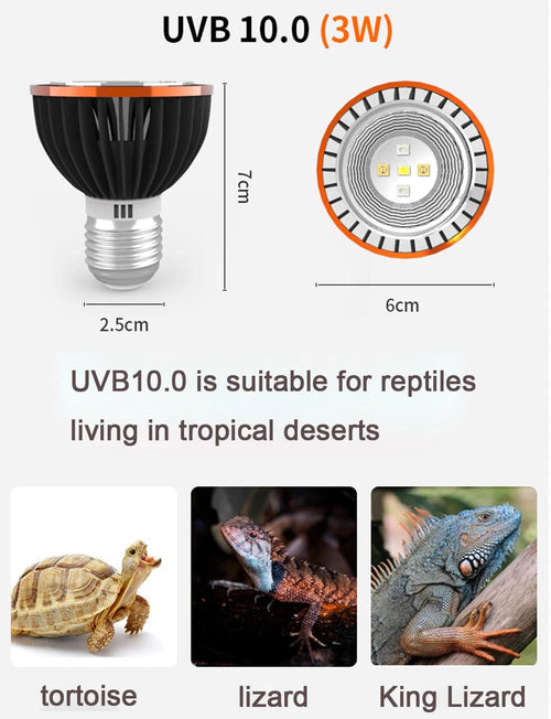 Planet Gates UVB 10.0 Professional 3W Reptile Lamp UVA UVB5.0 UVB10.0 Lmap LED Bulb Turtle Tortoise Lizard Basking Sunlight UVB Bulb Lighting