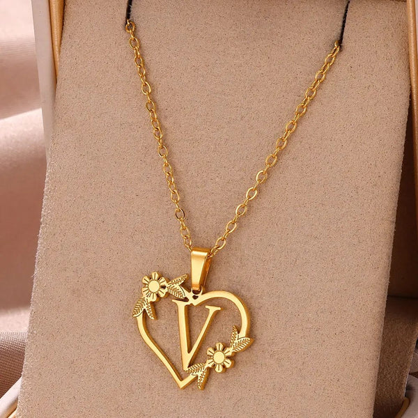 Planet Gates V / 45cm / CHINA Gold Color Dainty Flower Initials Necklace Women Girl Stainless Steel Heart Letter Choker Necklace Best Gifts Alphabet Jewelry