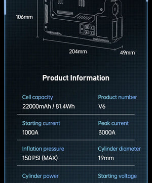 Planet Gates V6-22000mAh / CN Newsmy 22000mAh Jump Starter with Air Compressor Booster Tyre Inflator Portable Car Battery Power Bank Charger 12v Air Pump