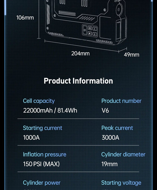 Planet Gates V6-22000mAh / CN Newsmy 22000mAh Jump Starter with Air Compressor Booster Tyre Inflator Portable Car Battery Power Bank Charger 12v Air Pump
