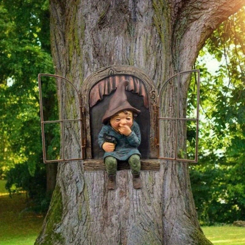 Planet Gates VariantValue 1pc Garden Voyeur Gnome Statue, Naughty Elf Gnomes Figurine Sculpture For Tree, Creative Garden Decor Statue, Suitable For Home, Courtyard, Porch, Garden Tree Decoration