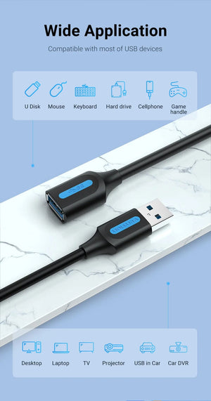 Planet Gates Vention USB 3.0 Extension Cable USB 3.0 2.0 Cable Extender Data Cord for PC Smart TV Xbox One SSD Fast Speed USB Cable Extension