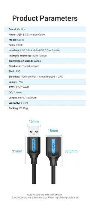 Planet Gates Vention USB 3.0 Extension Cable USB 3.0 2.0 Cable Extender Data Cord for PC Smart TV Xbox One SSD Fast Speed USB Cable Extension