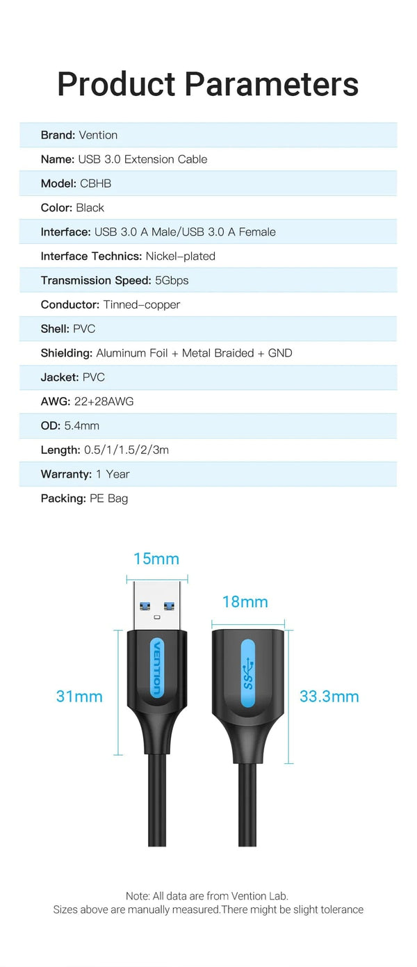 Planet Gates Vention USB 3.0 Extension Cable USB 3.0 2.0 Cable Extender Data Cord for PC Smart TV Xbox One SSD Fast Speed USB Cable Extension