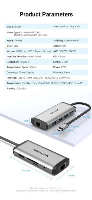 Planet Gates Vention USB C HUB Type C to USB 3.0 Dock Station USB C HDMI RJ45 4K for MacBook Pro Air Accessories Type C 3.1 Splitter USB HUB