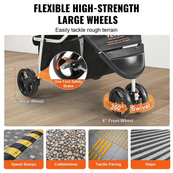 Planet Gates VEVOR 35lbs 3 Wheels Dog Stroller Rotate Black Pet Puppy Stroller with Front Pedal Storage Basket Cup Holder for Dogs Cat Travel