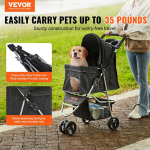 Planet Gates VEVOR 35lbs 3 Wheels Dog Stroller Rotate Black Pet Puppy Stroller with Front Pedal Storage Basket Cup Holder for Dogs Cat Travel