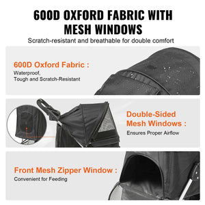 Planet Gates VEVOR 35lbs 3 Wheels Dog Stroller Rotate Black Pet Puppy Stroller with Front Pedal Storage Basket Cup Holder for Dogs Cat Travel