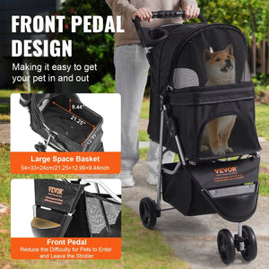 Planet Gates VEVOR 35lbs 3 Wheels Dog Stroller Rotate Black Pet Puppy Stroller with Front Pedal Storage Basket Cup Holder for Dogs Cat Travel
