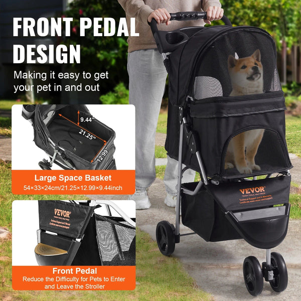 Planet Gates VEVOR 35lbs 3 Wheels Dog Stroller Rotate Black Pet Puppy Stroller with Front Pedal Storage Basket Cup Holder for Dogs Cat Travel