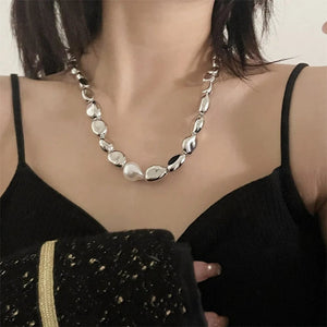 Planet Gates Vintage Silver-plate Geometric Exaggerated Artificial Pearl Chain Necklace For Women Female Fashion Boho Y2K Girl Jewelry Gift