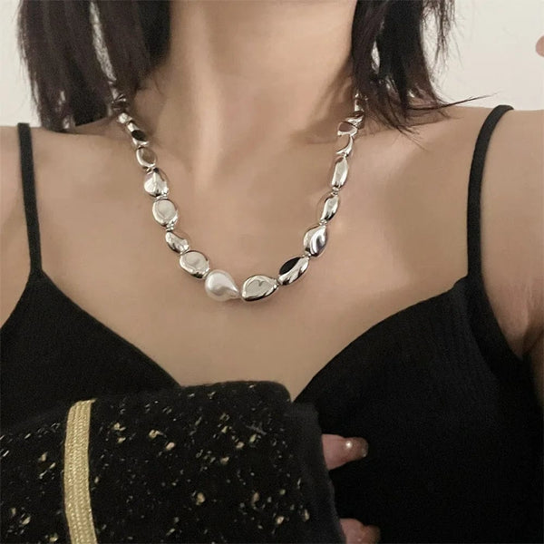 Planet Gates Vintage Silver-plate Geometric Exaggerated Artificial Pearl Chain Necklace For Women Female Fashion Boho Y2K Girl Jewelry Gift