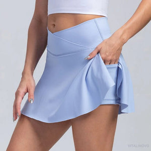 Planet Gates VITALINOVO Women's High Waisted Crossover Tennis Skirts Tummy Control Pleated Golf Skorts Skirts for Women with Shorts Pockets