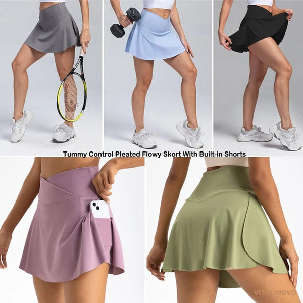 Planet Gates VITALINOVO Women's High Waisted Crossover Tennis Skirts Tummy Control Pleated Golf Skorts Skirts for Women with Shorts Pockets