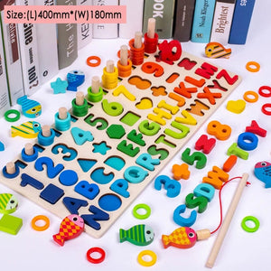 Planet Gates W-WU HE YI / CHINA Wooden Number Puzzle Sorting Montessori Toys For Toddlers Shape Sorter Counting Fishing Game Educational Math Stacking Block