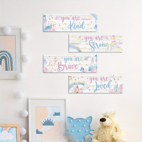 Planet Gates W057LS-0002151 4pcs Inspirational Quotes Wooden Sign, You Are Kind You Are Smart You Are Brave You Are Loved, Fairy Tale Princess Wall Art Decor For Home Nursery Room Children's Room Bedroom Kindergarten, 29.97x 9.91 Cm Gifts
