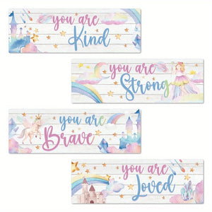 Planet Gates W057LS-0002151 4pcs Inspirational Quotes Wooden Sign, You Are Kind You Are Smart You Are Brave You Are Loved, Fairy Tale Princess Wall Art Decor For Home Nursery Room Children's Room Bedroom Kindergarten, 29.97x 9.91 Cm Gifts