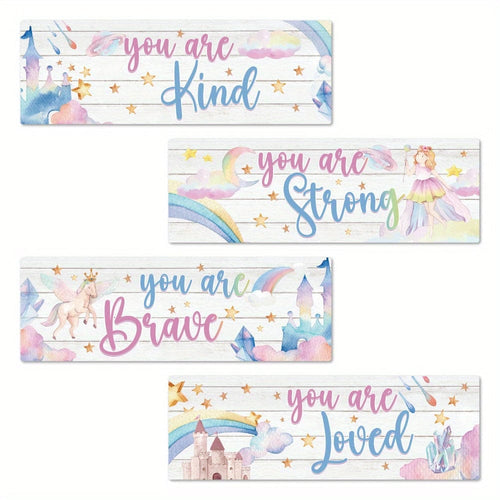 Planet Gates W057LS-0002151 4pcs Inspirational Quotes Wooden Sign, You Are Kind You Are Smart You Are Brave You Are Loved, Fairy Tale Princess Wall Art Decor For Home Nursery Room Children's Room Bedroom Kindergarten, 29.97x 9.91 Cm Gifts