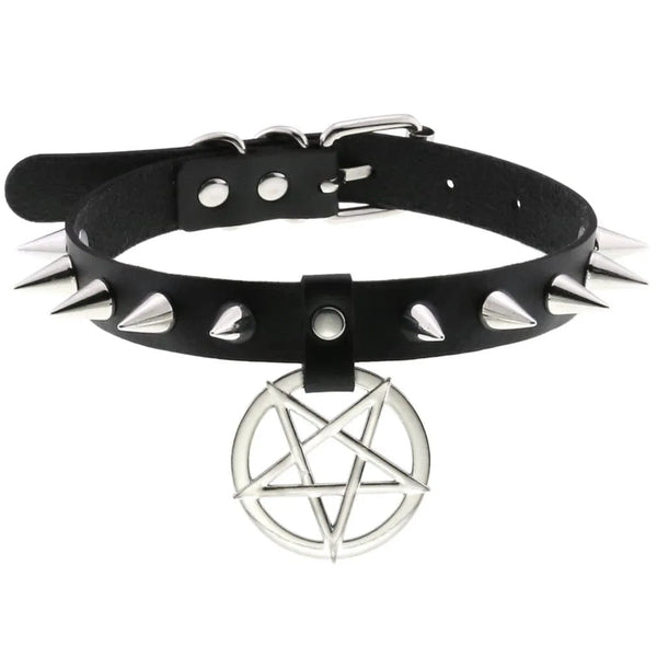 Planet Gates W4606-1 Trendy Punk Spike Rivet Leather Women Choker Bell Pentagram Harajuku Collar Necklaces Handmade Boho Gothic Girl Collier  Jewelry