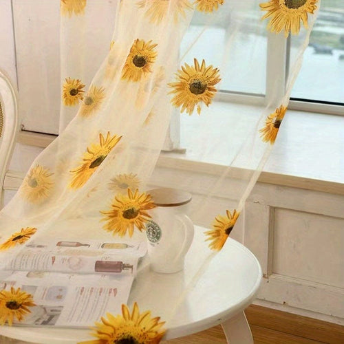 Planet Gates W51.18inch*H39.37inch 1pc Sunflowers Print Semi-sheer Curtain With Rod Pocket Top, Light Filtering Voile Drape For Living Room Bedroom Kitchen Cafe Curtains