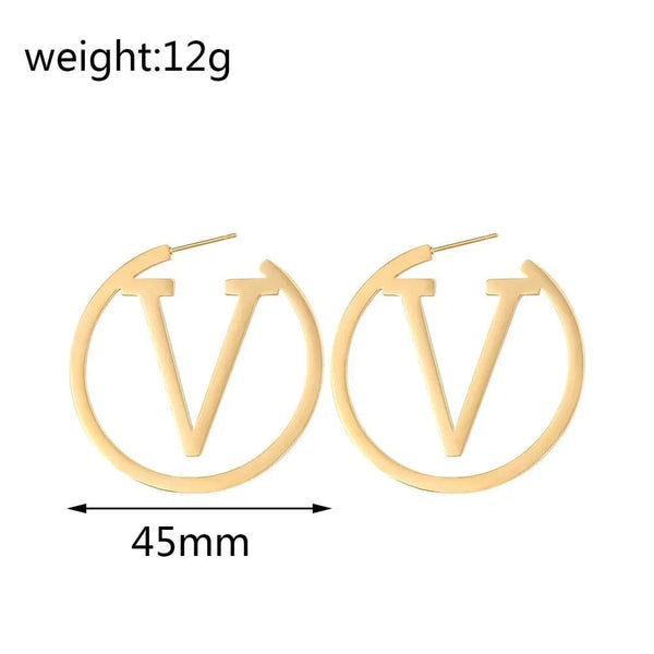 Planet Gates WA0788-1 2024 New Trends V Letter Hoop Earrings For Women Stainless Steel Earrings Punk Round Ear Jewelry Gift