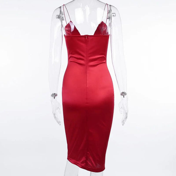 Planet Gates Wanna This Red Satin Deep V-Neck Summer Women Bodycon Knee-Dress sleeveless backless Elegant Party Outfits Sexy Slim Club Clothes